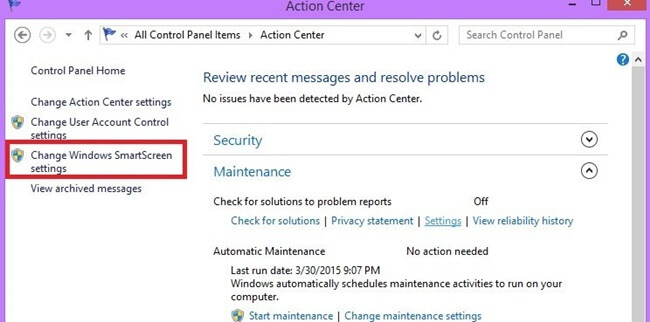 Chọn Change Windows SmartScreen settings